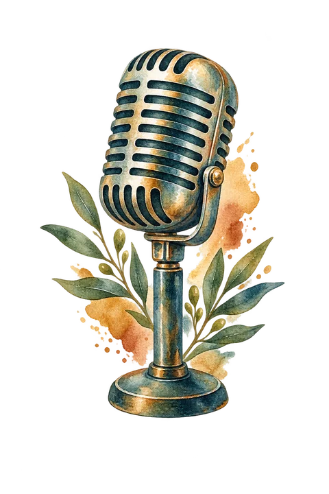 Watercolor microphone with leafy branches