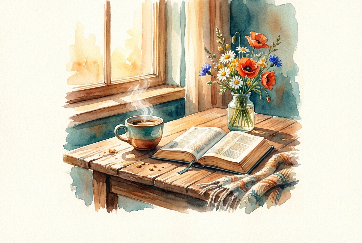 Watercolor painting of coffee and an open Bible