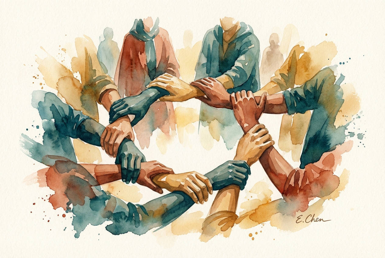 Watercolor painting of hands joined in prayer and community